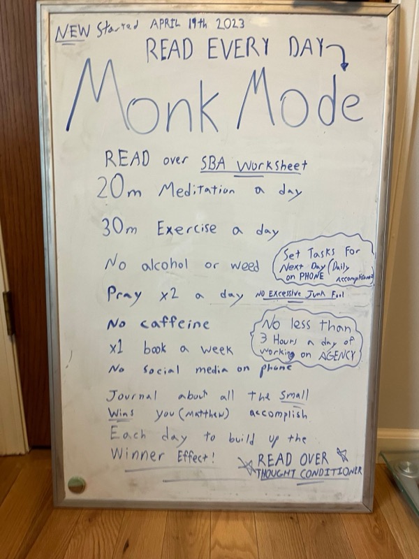 Monk Mode whiteboard, April 2023