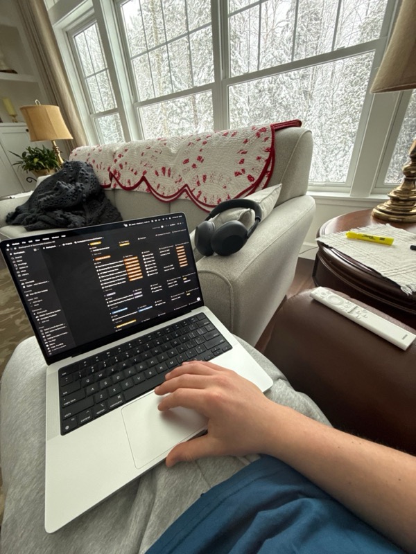 Working from the couch on a snowy day